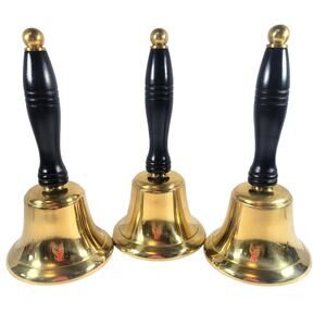 3 Large Brass Bells, Wooden Handles Christmas School Teacher Farm Collectible